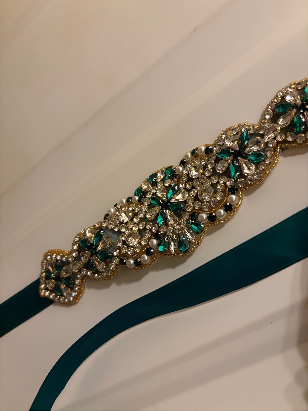 Emerald Green Crystal-Embellished Satin Waist Belt wedding prom bridesmaid - Picture 4 of 4